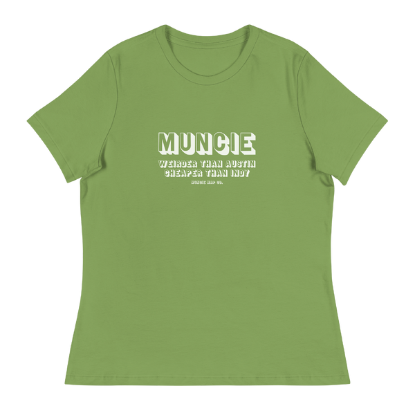 A mockup of the Weirder Cheaper Muncie Ladies Tee