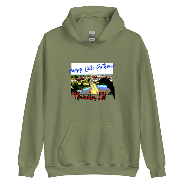 A mockup of the Happy Little Potholes Muncie Hoodie