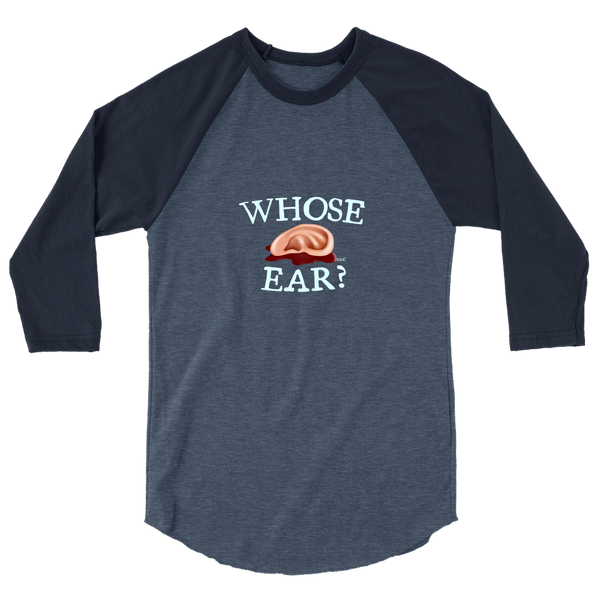 A mockup of the Whose Ear Hoosier Indiana Raglan 3/4 Sleeve