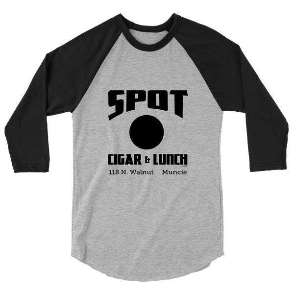 A mockup of the Spot Lunch & Cigar  Raglan 3/4 Sleeve