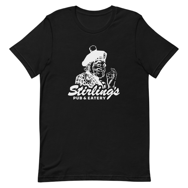 A mockup of the Stirling's Bar & Eatery T-Shirt