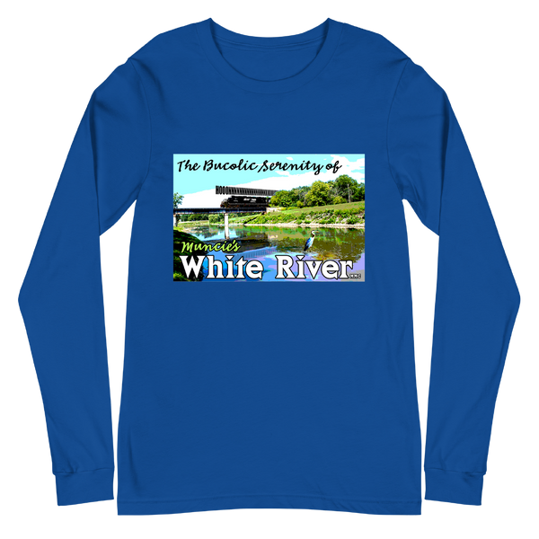 A mockup of the Bucolic Serenity White River Long Sleeve Tee