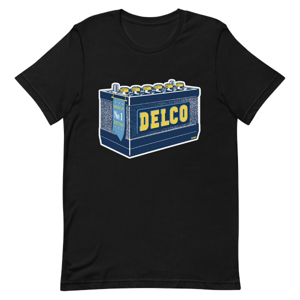 A mockup of the Delco Battery T-Shirt