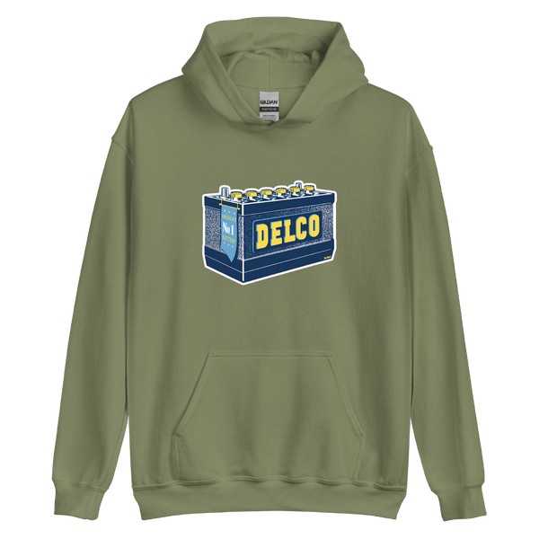 A mockup of the Delco Battery Hoodie