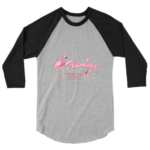 A mockup of the Flamingo Cocktail Lounge & Restaurant Raglan 3/4 Sleeve