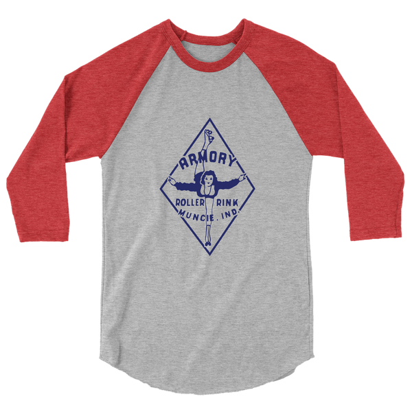 A mockup of the Armory Roller Rink Raglan 3/4 Sleeve