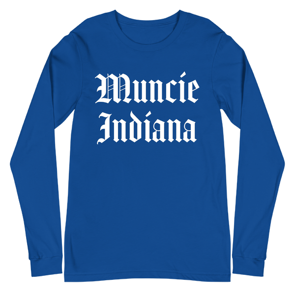 A mockup of the Gothic Muncie Long Sleeve Tee