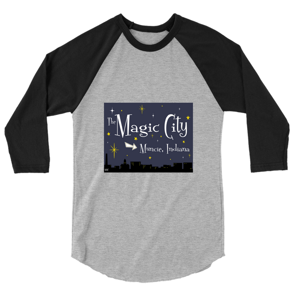 A mockup of the Magic City Muncie Raglan 3/4 Sleeve