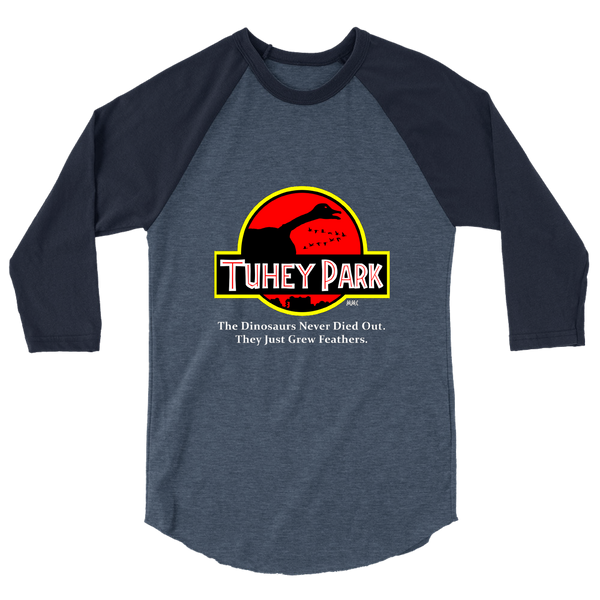 A mockup of the Jurassic Tuhey Park Raglan 3/4 Sleeve