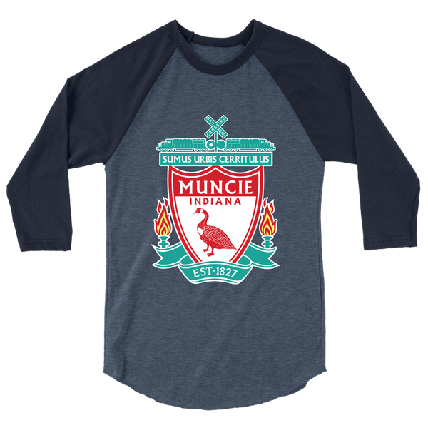 A mockup of the Liverpool FC Parody Muncie Raglan 3/4 Sleeve