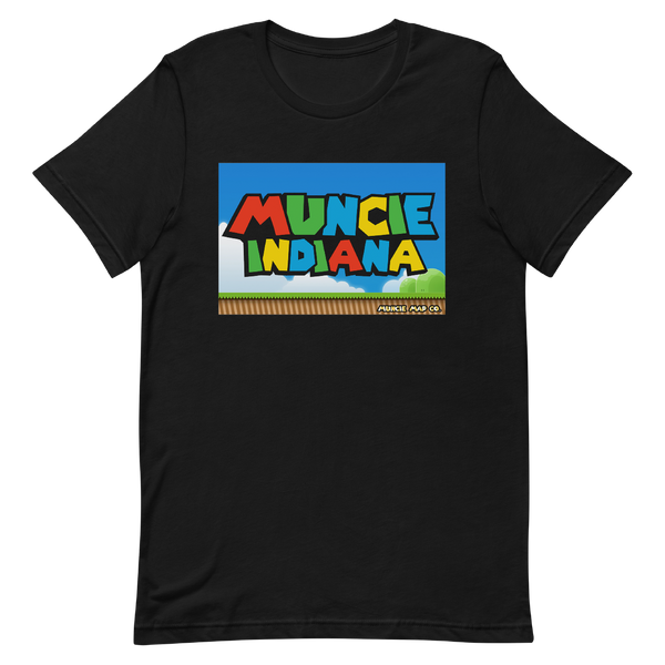 A mockup of the Mario Parody Muncie T-Shirt