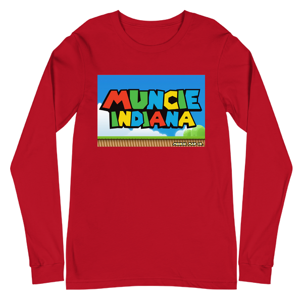 A mockup of the Mario Parody Muncie Long Sleeve Tee