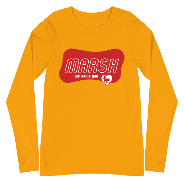 A mockup of the Marsh Supermarket 1960s-70s Logo Long Sleeve Tee