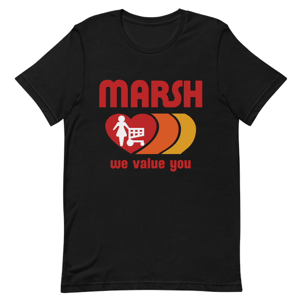A mockup of the Marsh Supermarket 1980s-90s Logo T-Shirt