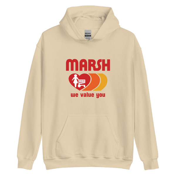 A mockup of the Marsh Supermarket 1980s-90s Logo Hoodie