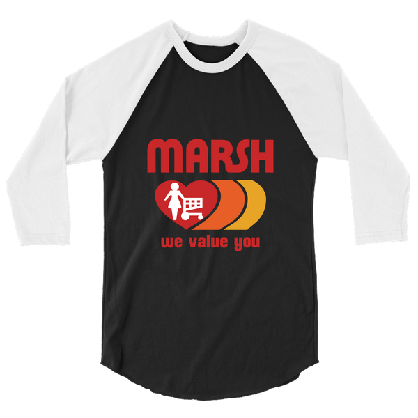 A mockup of the Marsh Supermarket 1980s-90s Logo Raglan 3/4 Sleeve