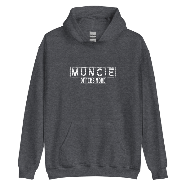A mockup of the Muncie Offers More Hoodie