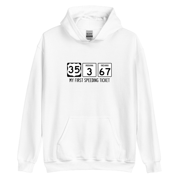 A mockup of the My First Speeding Ticket Bypass Hoodie