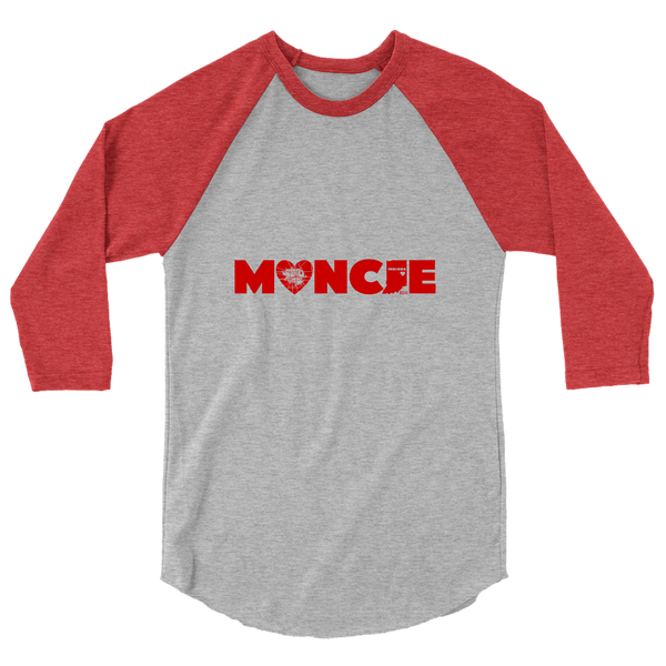 A mockup of the Muncie Heart Raglan 3/4 Sleeve