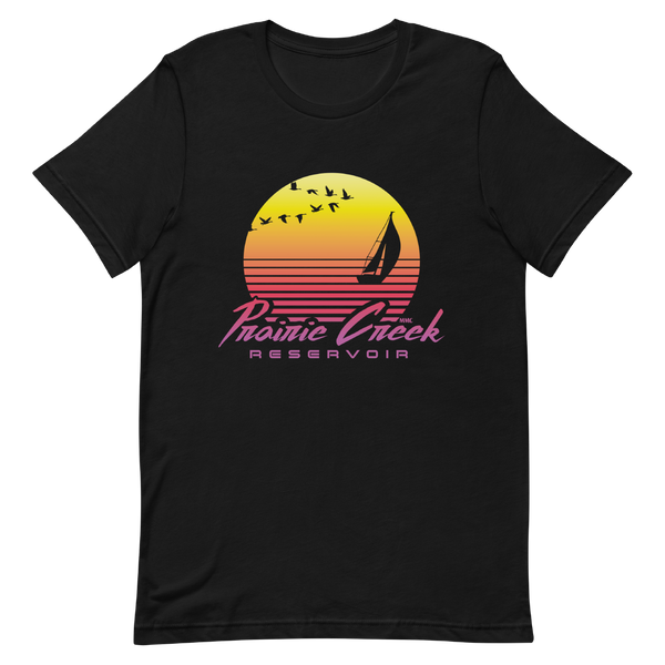 A mockup of the Prairie Creek 1980s Sunset T-Shirt