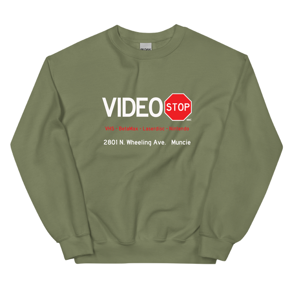 A mockup of the Video Stop Rental Video Crewneck