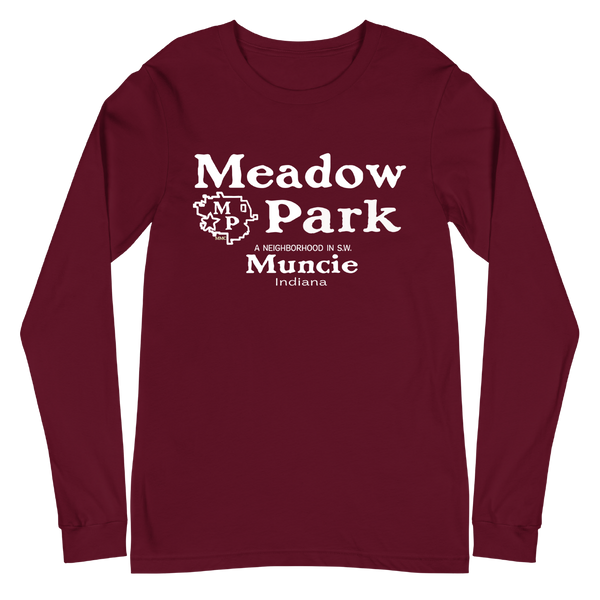 A mockup of the Meadow Park Neighborhood Maker's Mark Parody Long Sleeve Tee