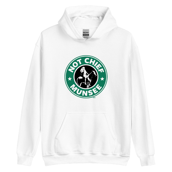 A mockup of the Not Chief Munsee Starbucks Parody Hoodie