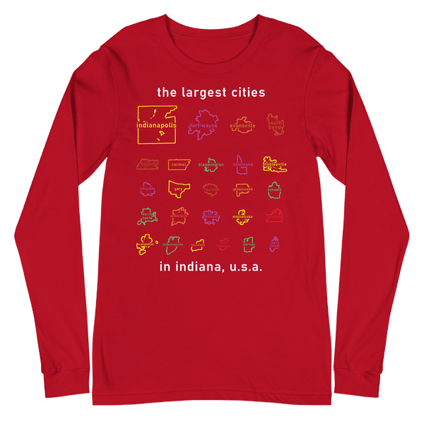 A mockup of the Largest Cities in Indiana Long Sleeve Tee