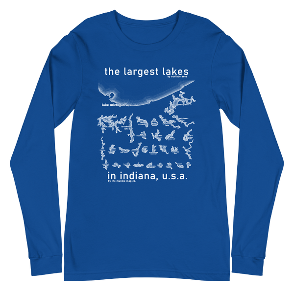 A mockup of the Largest Lakes in Indiana Long Sleeve Tee
