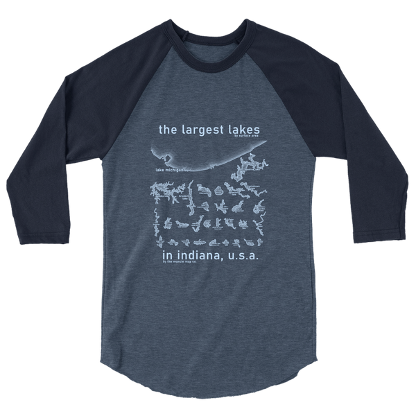 A mockup of the Largest Lakes in Indiana Raglan 3/4 Sleeve