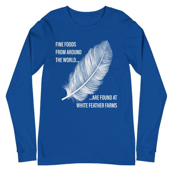 A mockup of the White Feather Farms Market Long Sleeve Tee