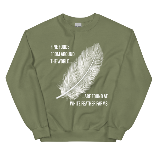 A mockup of the White Feather Farms Market Crewneck