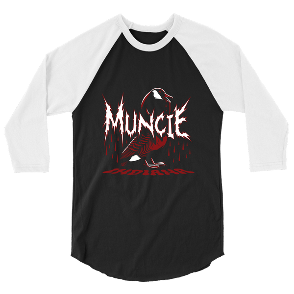 A mockup of the Murder Goose Muncie Raglan 3/4 Sleeve