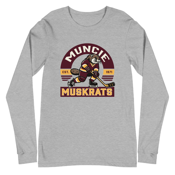 A mockup of the Muskrats Fictional Hockey Team Muncie Long Sleeve Tee
