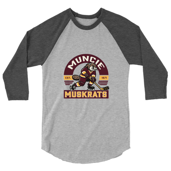 A mockup of the Muskrats Fictional Hockey Team Muncie Raglan 3/4 Sleeve