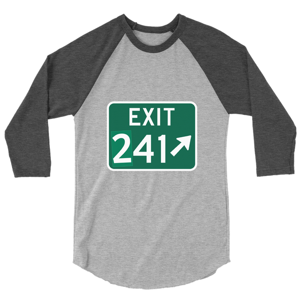 A mockup of the Exit (2)41 Sign Muncie Raglan 3/4 Sleeve