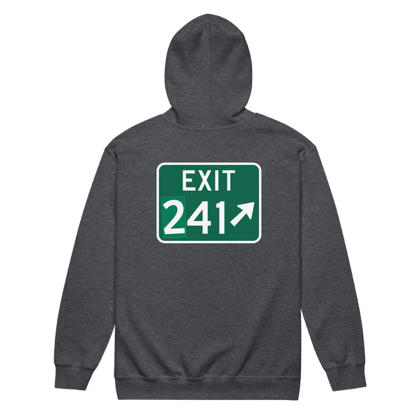 A mockup of the Exit (2)41 Sign Muncie Zipping Hoodie