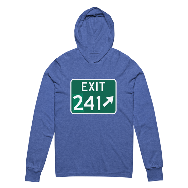 A mockup of the Exit (2)41 Sign Muncie Hooded Tee