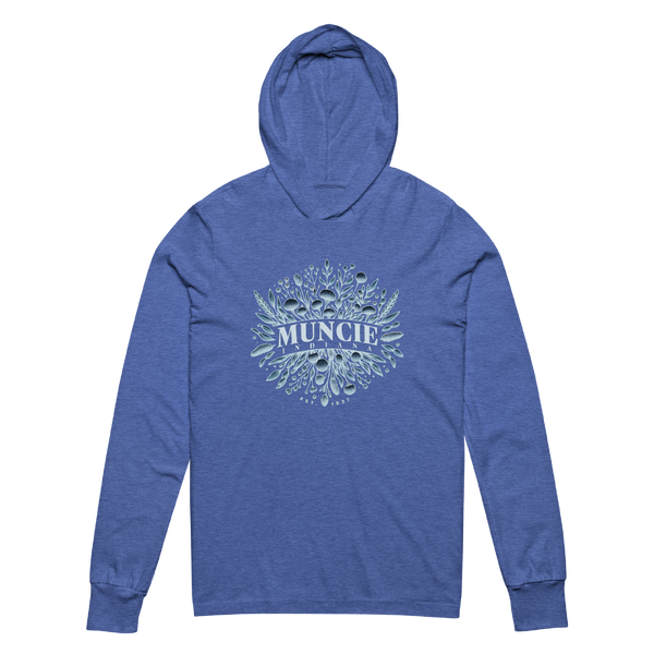 A mockup of the Wildflower Muncie Frost Hooded Tee