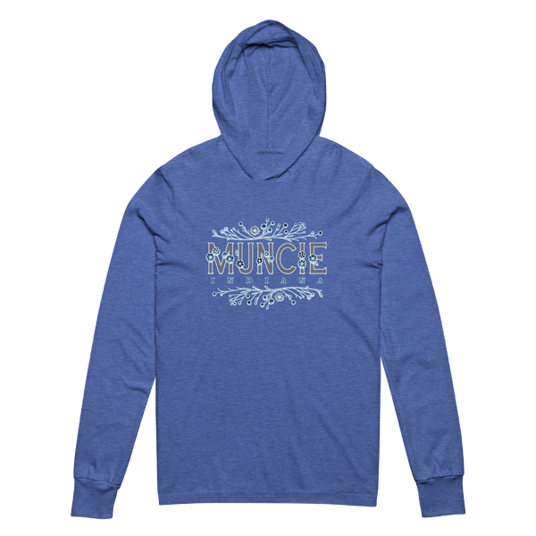 A mockup of the Flowery Muncie Frost Hooded Tee