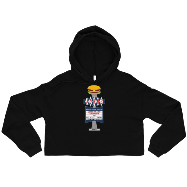 A mockup of the John's Awful Awful Drive-In Ladies Cropped Hoodie