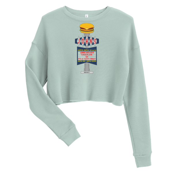 A mockup of the John's Awful Awful Drive-In Ladies Cropped Crewneck