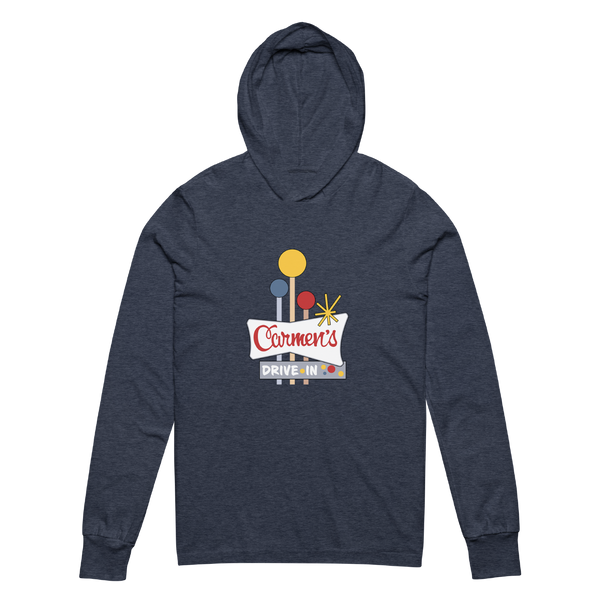 A mockup of the Carmen's Drive-In Hooded Tee