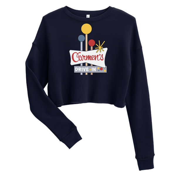 A mockup of the Carmen's Drive-In Ladies Cropped Crewneck