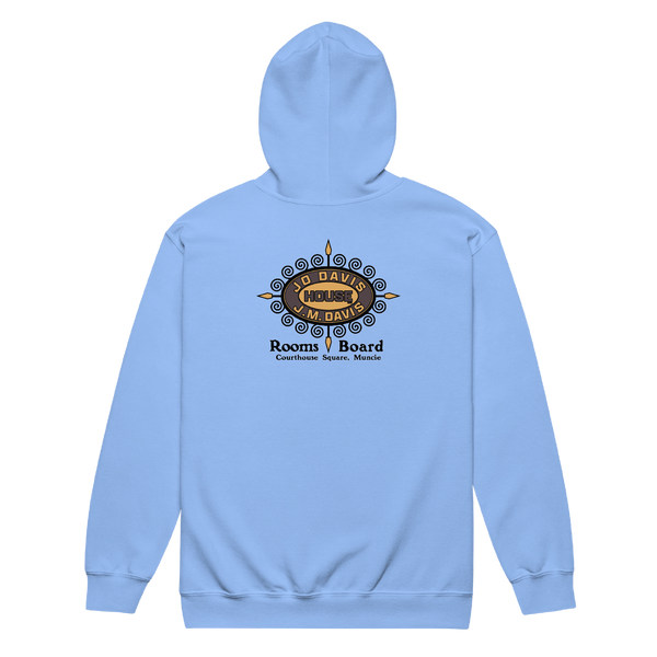 A mockup of the Jo Davis House Zipping Hoodie