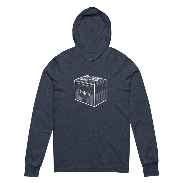 A mockup of the Delco Battery 1940s Logo Hooded Tee