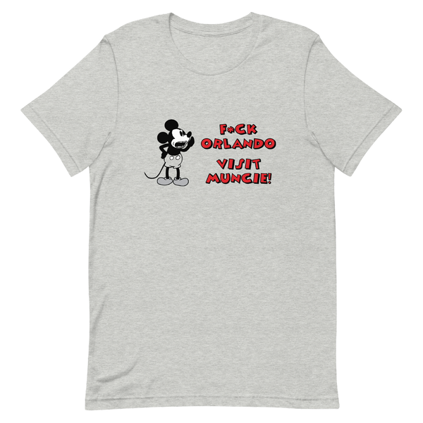 A mockup of the F#ck Orlando Visit Muncie Steamboat Willie T-Shirt