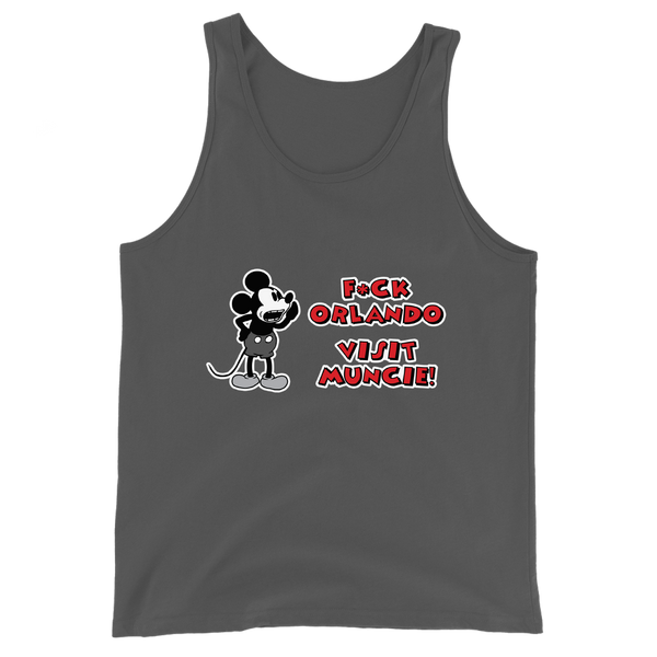 A mockup of the F#ck Orlando Visit Muncie Steamboat Willie Tank Top