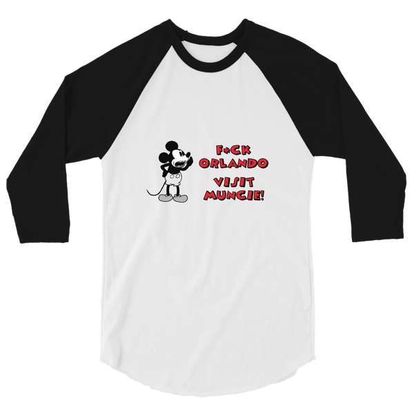 A mockup of the F#ck Orlando Visit Muncie Steamboat Willie Raglan 3/4 Sleeve