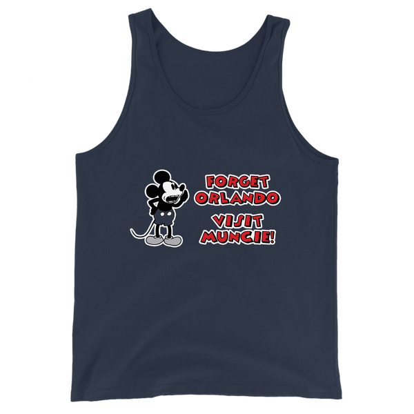 A mockup of the Forget Orlando Visit Muncie Steamboat Willie Tank Top